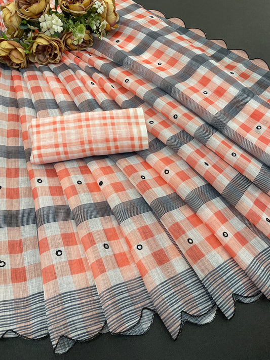 Amthi Linen Orange Grey Check Print Mirror Scallop Cutwork Daily Wear Saree