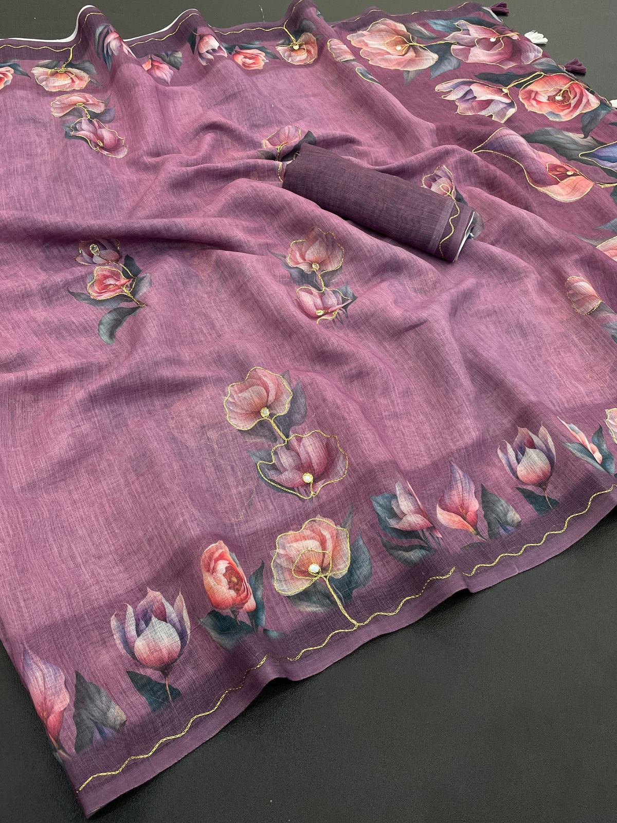 Women's Linen Cotton Mauve Rose Floral Print Saree | Aari Work & Tassel Pallu