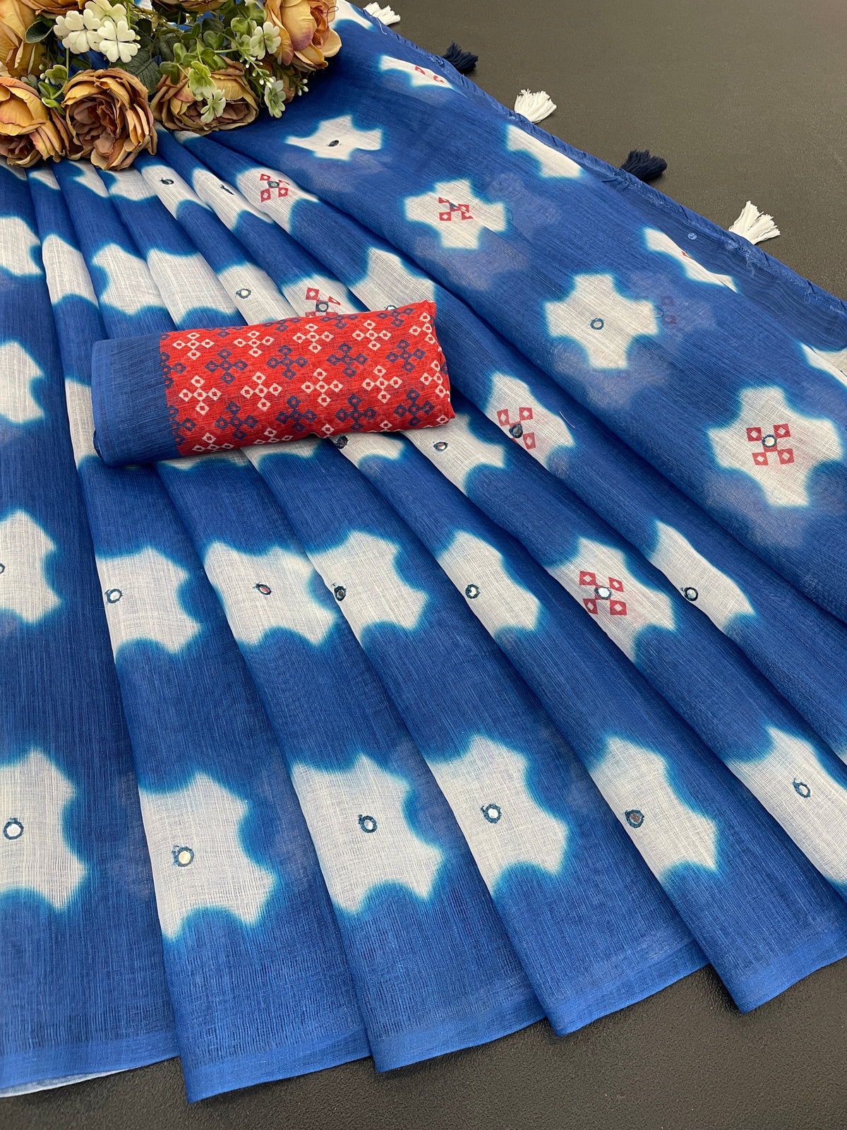 Amthi Cotton Linen Navy Blue Star Print Mirror Work Tassel Pallu Saree