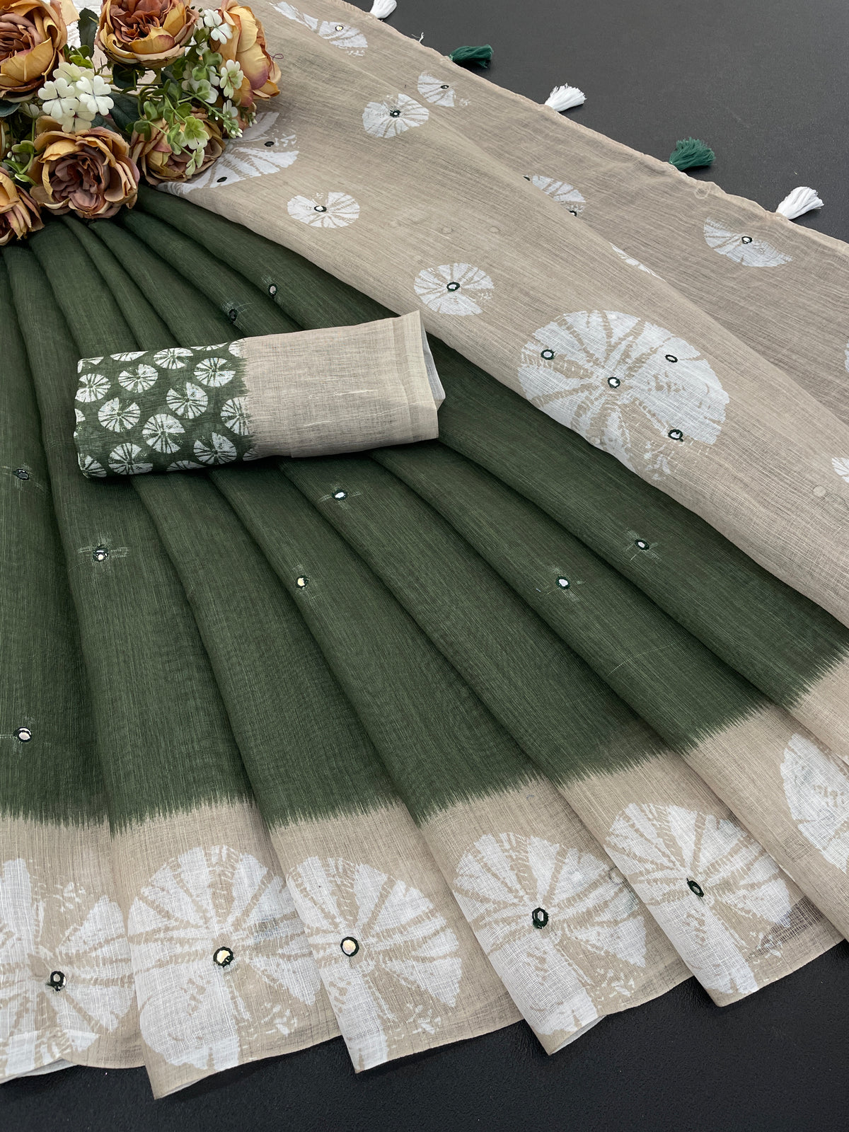 Amthi Floral Green Cotton Linen Saree with Digital Print & Tassels on Pallu