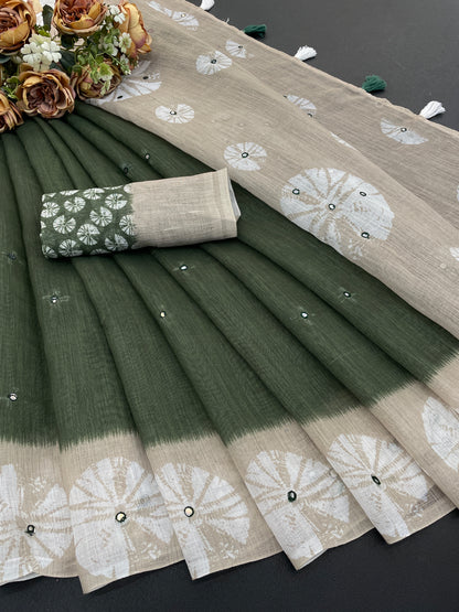 Amthi Floral Green Cotton Linen Saree with Digital Print & Tassels on Pallu