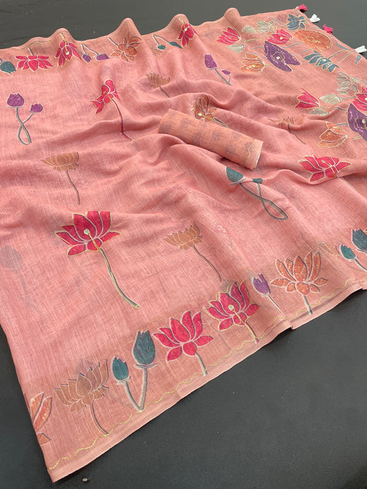 Amthi Women's Linen Cotton Peach Lotus Floral Print Saree with Mirror Work & Tassel Pallu