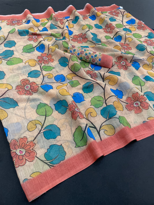 Amthi Women's Linen Cotton Beige Multicolor Aari Work Floral Print Saree