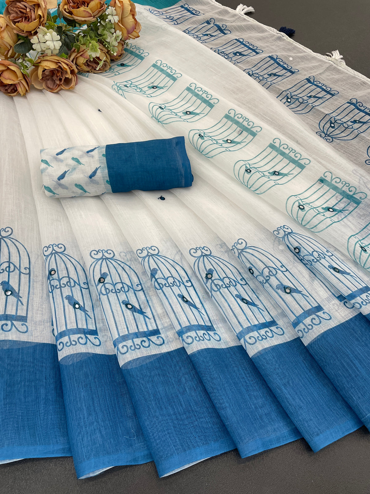 Amthi White Digital Birdcage Print Cotton Linen Saree for Women