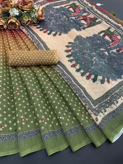 Amthi Multicolour Digital Bandhani Print Cotton Linen Saree for Women