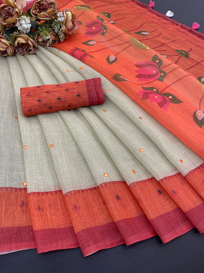 Amthi Linen Lotus Print Pista & Rust Mirror Tassels Pallu Saree