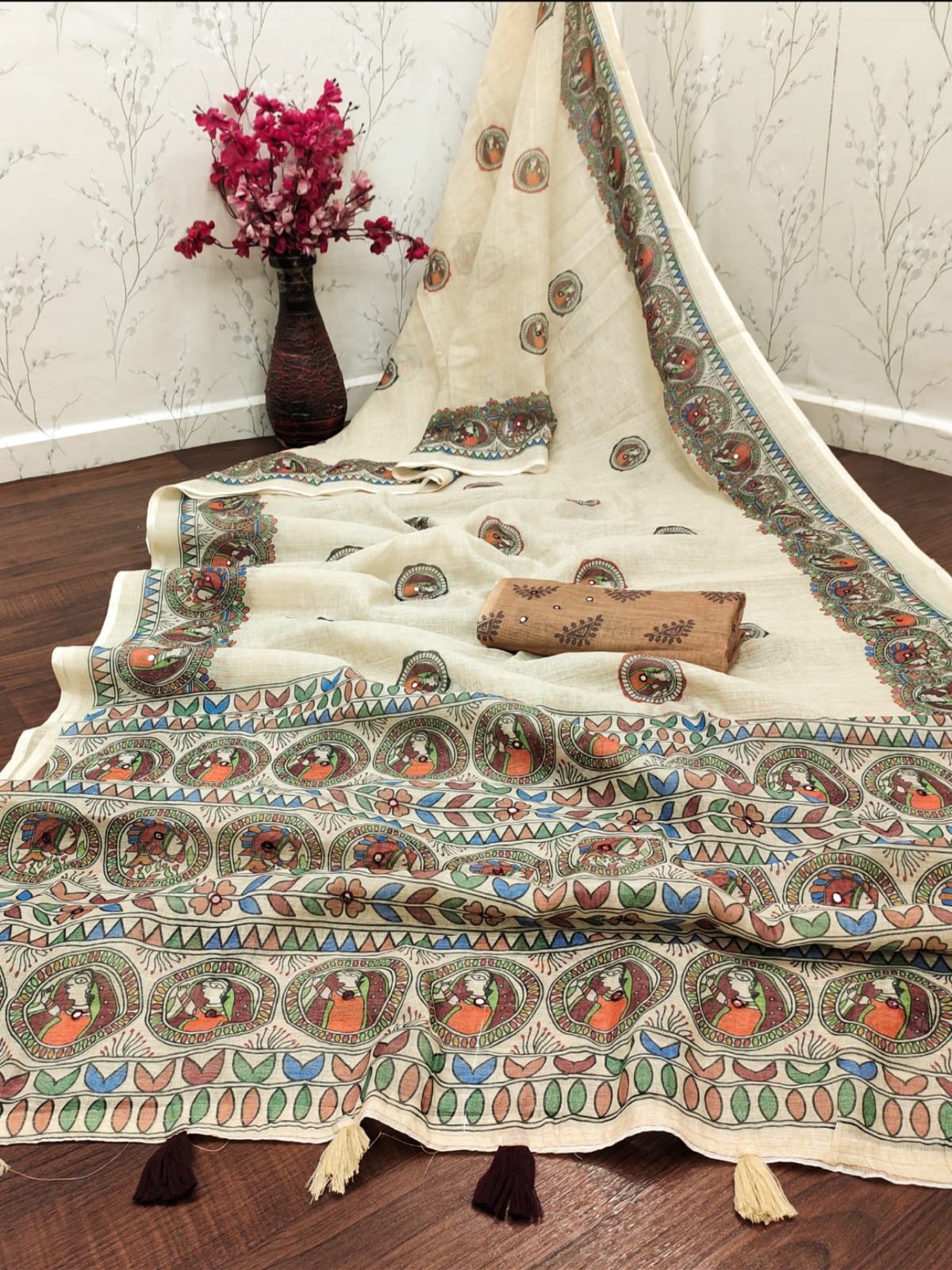 Amthi Women Cream Linen Cotton Saree Mirror Work | Madhubani Digital Print Saree