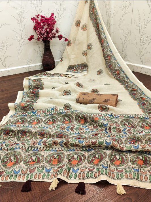 Amthi Women Cream Linen Cotton Saree Mirror Work | Madhubani Digital Print Saree