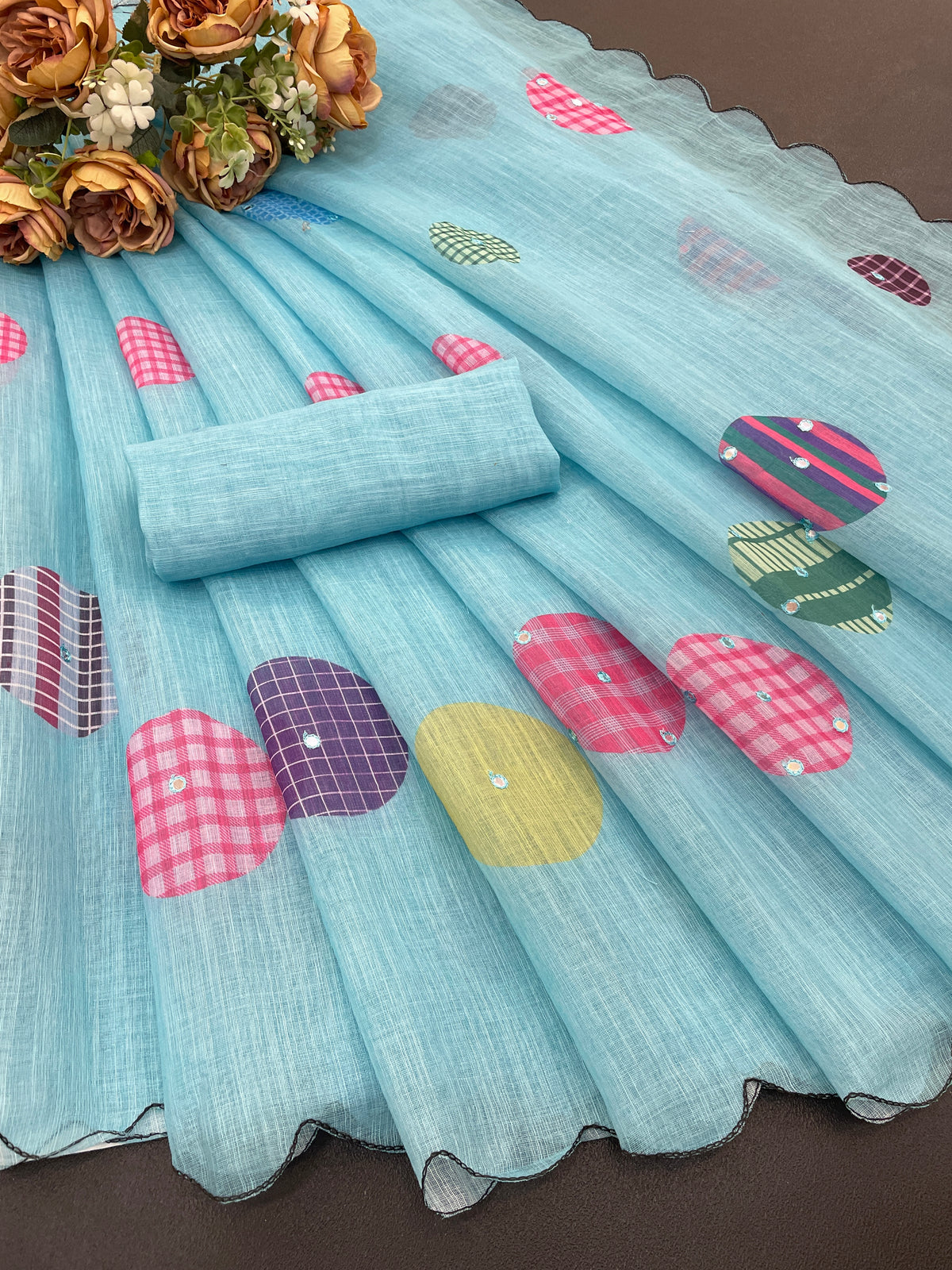 Amthi Linen Sky Blue Multicolour Digital Print Saree