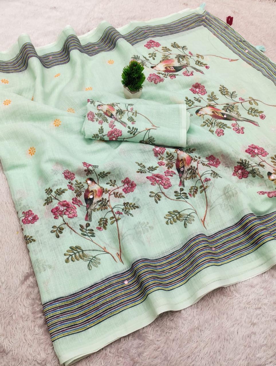 Amthi Pista Green Linen Cotton Bird & Floral Digital Print Women Saree