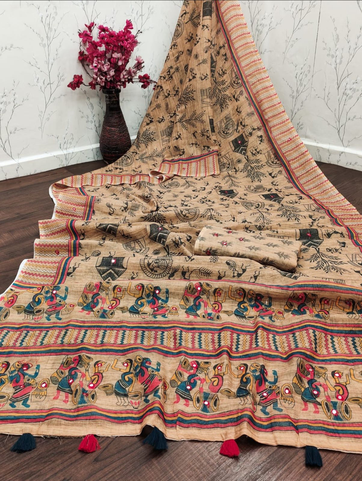 Amthi Women Brown Linen Cotton Saree For Women| Mirror Work Border & Tassels