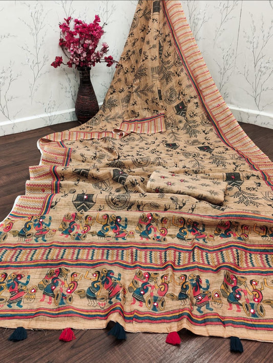 Amthi Women Brown Linen Cotton Saree For Women| Mirror Work Border & Tassels