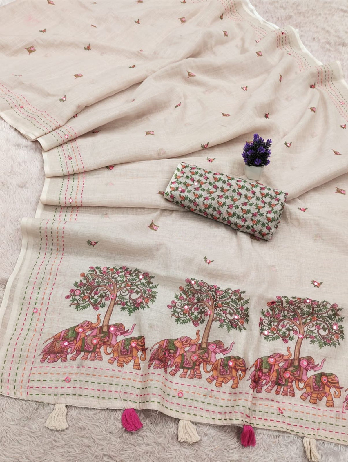 Amthi Off White Cream Linen Cotton Saree For Women |Elephant Print Tassel Pallu