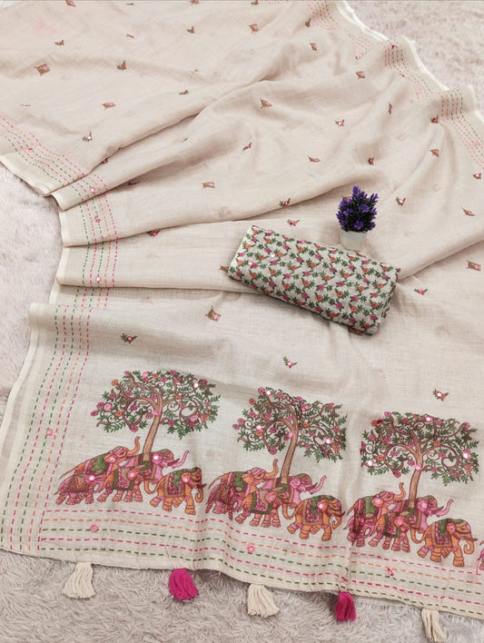 Amthi Off White Cream Linen Cotton Saree For Women |Elephant Print Tassel Pallu