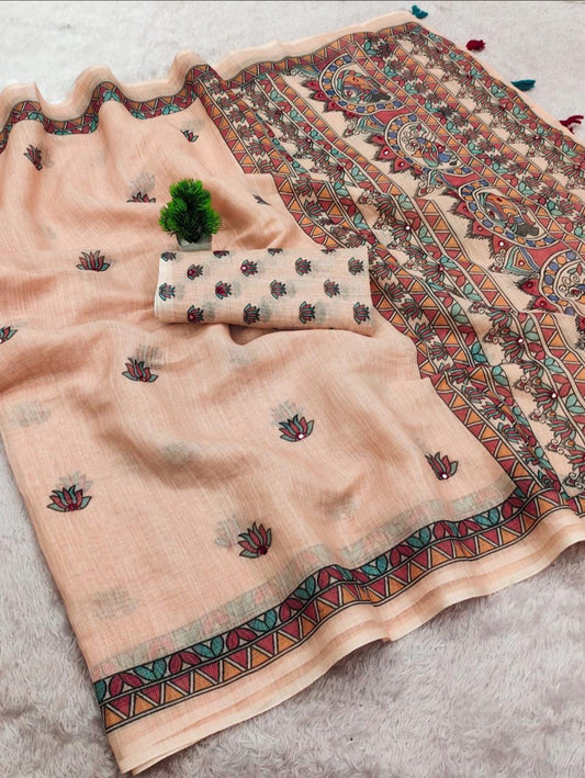 Amthi Peach Beige Linen Cotton Saree For Women | Madhubani Tribal Print Pallu