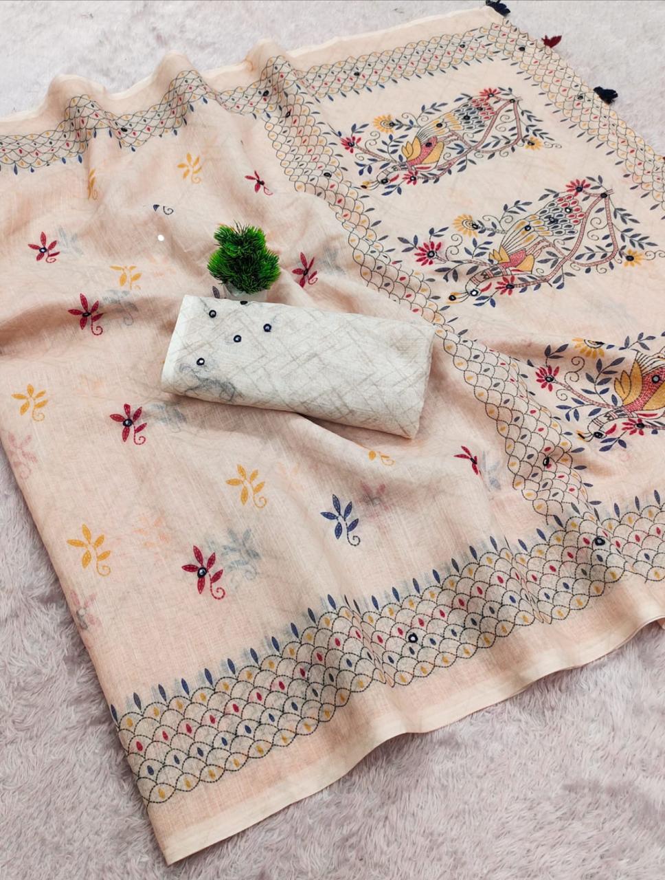 Amthi Pastel Beige Linen Cotton Saree For Women| Peacock Bird Print & Mirror Work