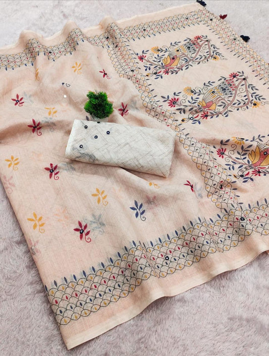 Amthi Pastel Beige Linen Cotton Saree For Women| Peacock Bird Print & Mirror Work