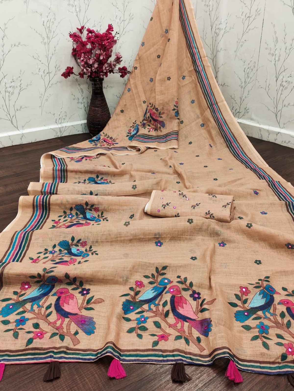 Amthi Beige Brown Linen Cotton Saree For Women | Bird Print & Mirror Work