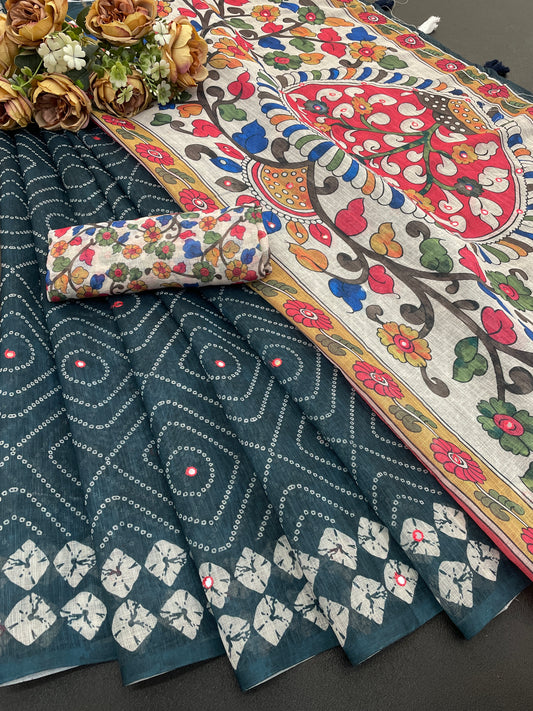 Amthi Cotton Linen Teal Print Mirror Work Kalamkari Tessel Pallu Saree