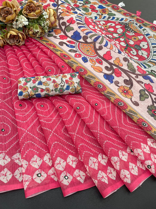 Amthi Cotton Linen Pink Print Mirror Work Kalamkari Tessel Pallu Saree