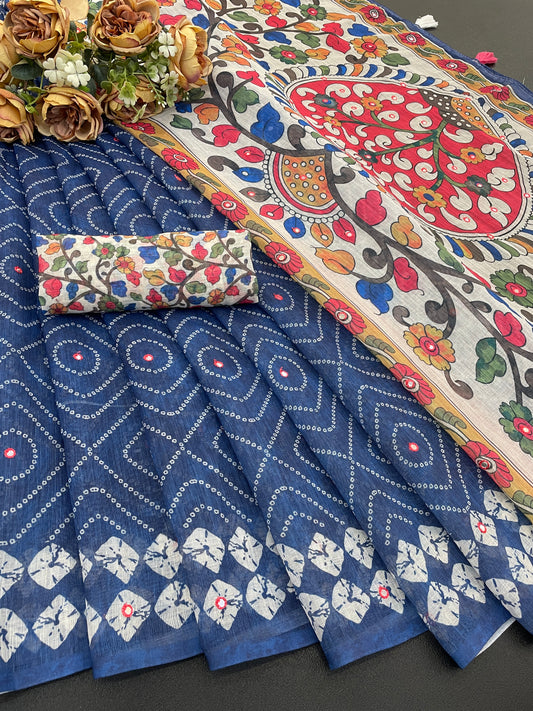 Amthi Cotton Linen Blue Print Mirror Work Kalamkari Tessel Pallu Saree