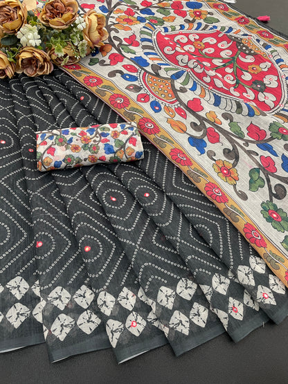 Amthi Cotton Linen Black Print Mirror Work Kalamkari Tessel Pallu Saree