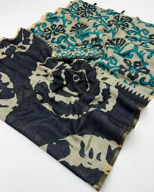 Amthi Women's Cotton Linen Black Abstract Floral Print Daily Wear Saree