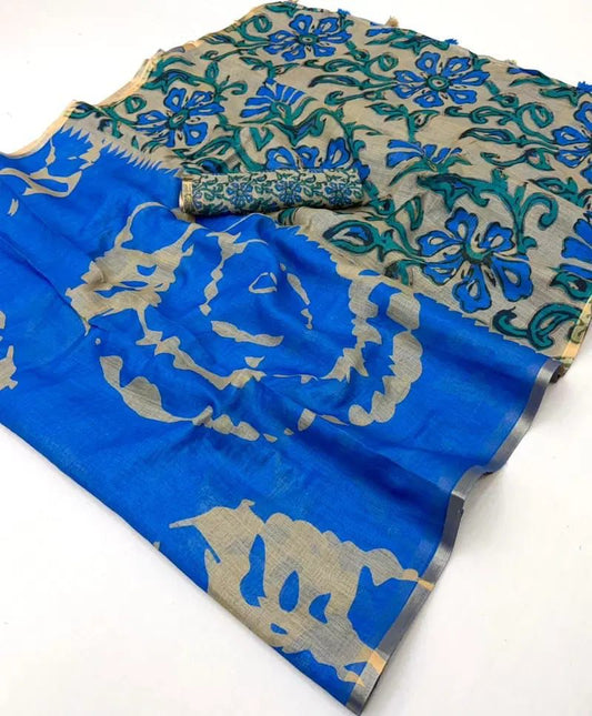 Amthi Women's Cotton Linen Blue Abstract Print Daily Wear Saree