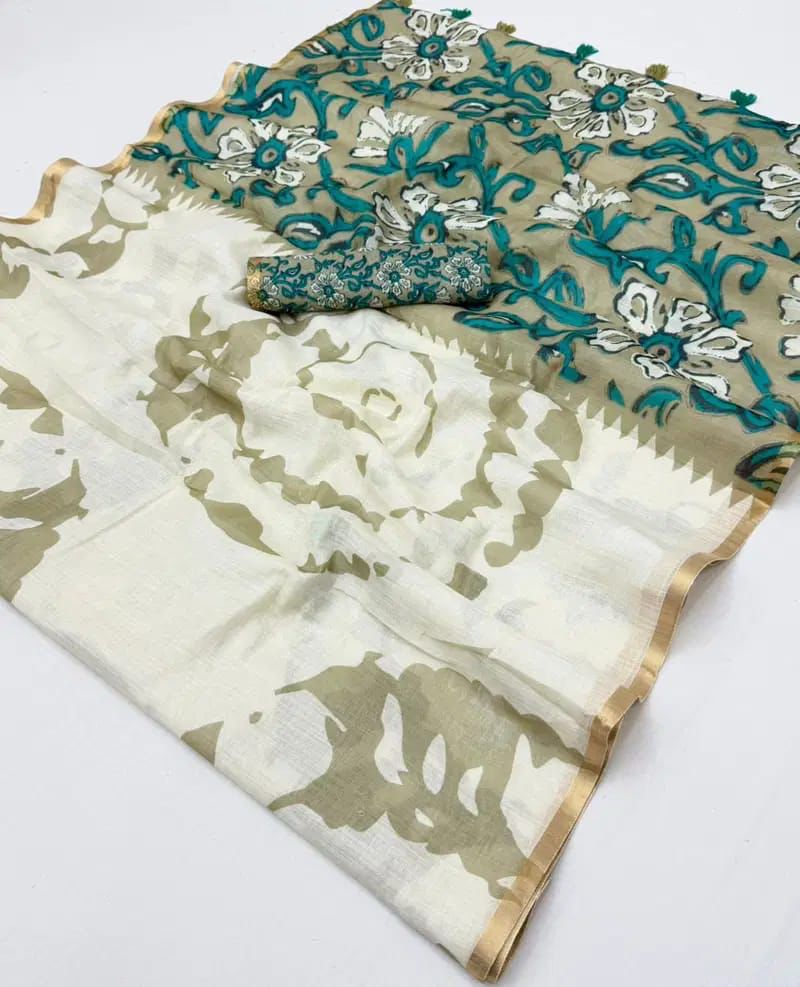Amthi Women's Cotton Linen Cream Abstract Floral Print Daily Wear Saree