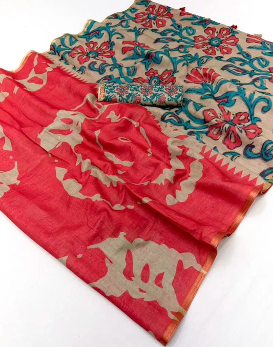 Amthi Women's Cotton Linen Coral Abstract Floral Print Daily Wear Saree