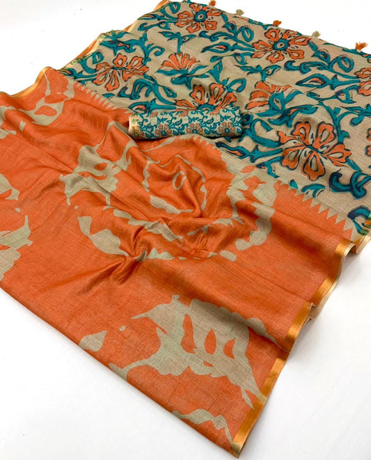 Amthi Women's Cotton Linen Green Abstract Print Daily Wear Saree