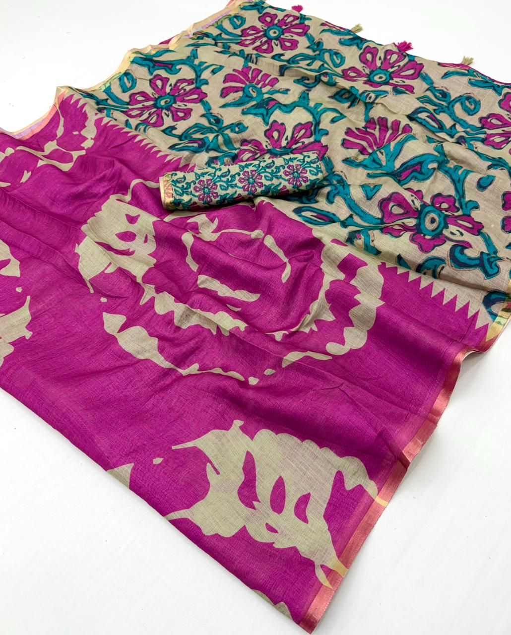 Amthi Women's Cotton Linen Pink Floral Vail Print Daily Wear Saree