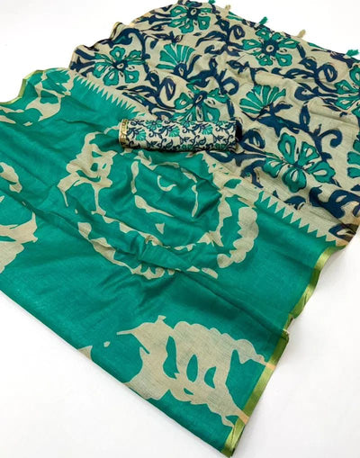 Amthi Women's Cotton Linen Sea Green Abstract Print Daily Wear Saree