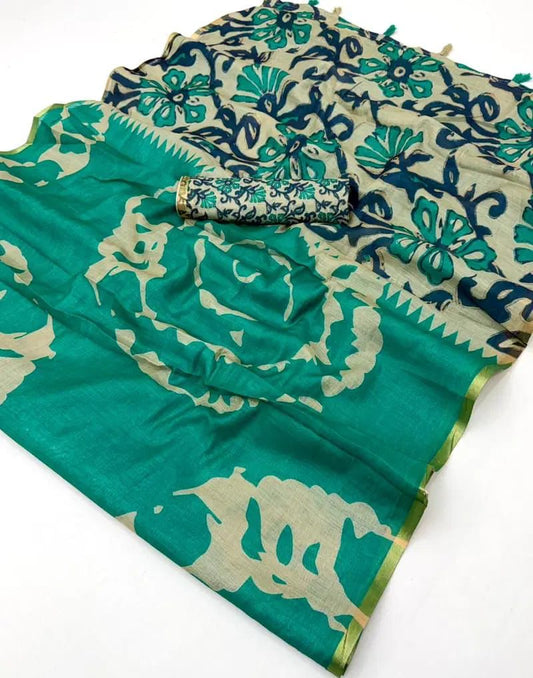 Amthi Women's Cotton Linen Sea Green Abstract Print Daily Wear Saree