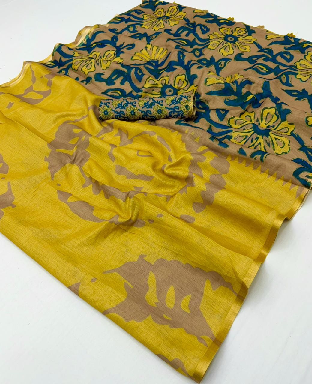 Amthi Women's Cotton Linen Mustard Yellow Floral Print Daily Wear Saree