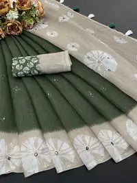 Amthi Floral Green Cotton Linen Saree with Digital Print & Tassels on Pallu