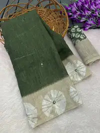 Amthi Floral Green Cotton Linen Saree with Digital Print & Tassels on Pallu