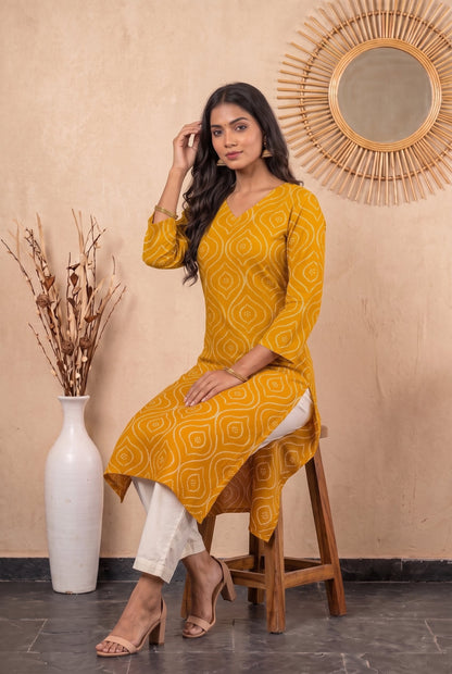 Amthi Mustard Bandhani Print Straight Kurta| Rayon Daily Wear Kurti For Women