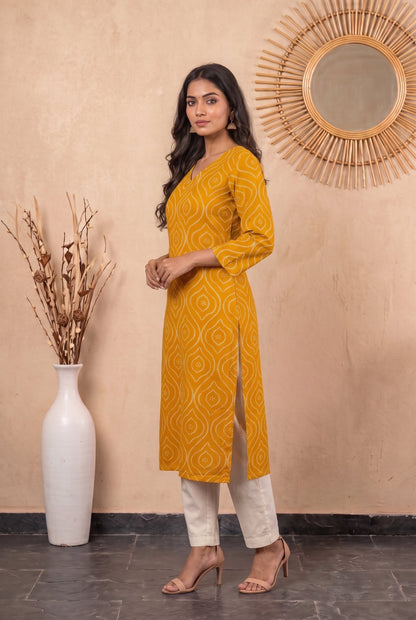 Amthi Mustard Bandhani Print Straight Kurta| Rayon Daily Wear Kurti For Women