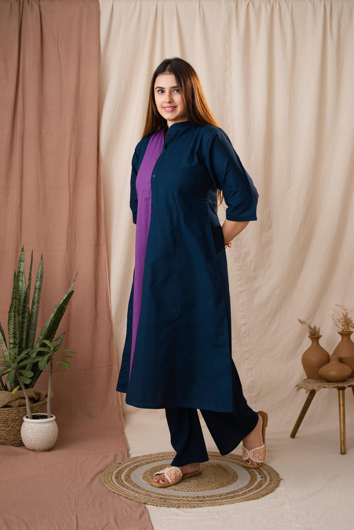 Amthi Women's Navy Blue Pure Cotton A-Line Kurta Set