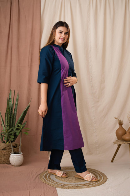 Amthi Women's Navy Blue Pure Cotton A-Line Kurta Set