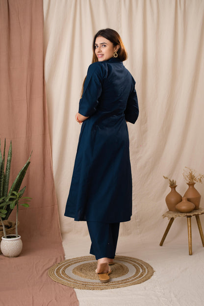 Amthi Women's Navy Blue Pure Cotton A-Line Kurta Set