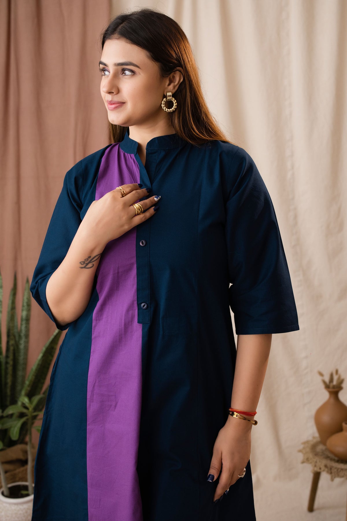 Amthi Women's Navy Blue Pure Cotton A-Line Kurta Set