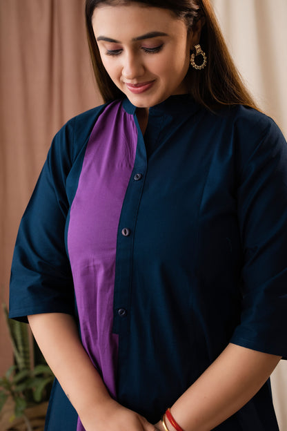 Amthi Women's Navy Blue Pure Cotton A-Line Kurta Set