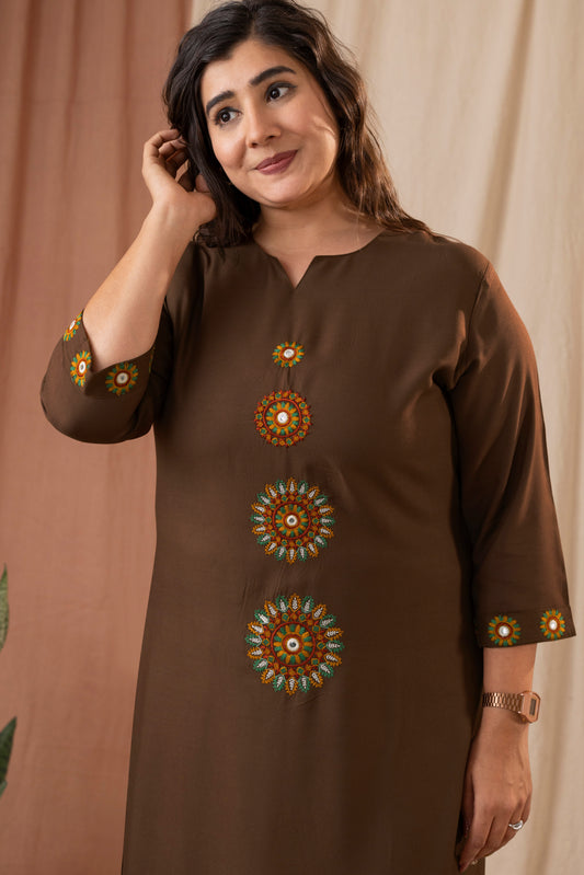 Amthi Women Brown Embroidered Straight Kurta Pant Set with Pocket