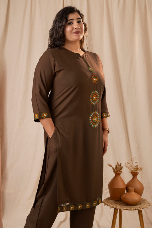 Amthi Women Brown Embroidered Straight Kurta Pant Set with Pocket