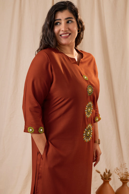 Amthi Women Rust Viscose Rayon Embroidered Straight Kurta Pant Set