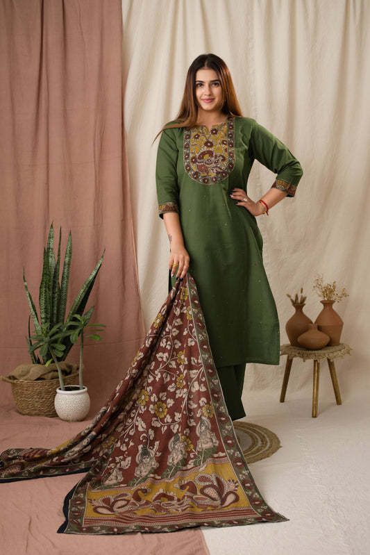 Amthi Women's Green Linen Cotton Kalamkari Kurta Set