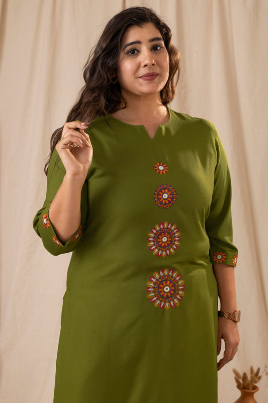 Amthi Women Olive Green Rayon Embroidered Straight Kurta Pant Set with Pocket