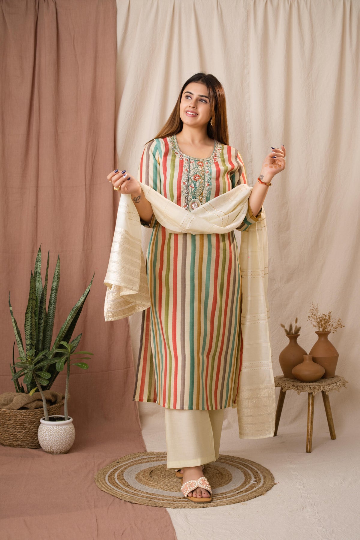 Amthi Women's Multicolored Striped Chanderi Silk Kurta Set
